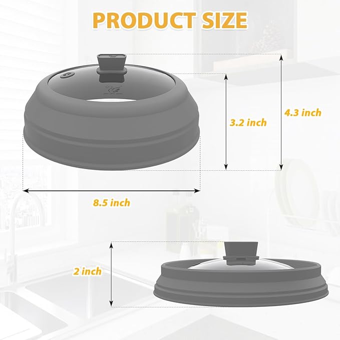 Microwave Splatter Cover Glass Splatter Guard Lid with Collapsible Silicone for Food Plate Cover 8.5 inch Grey