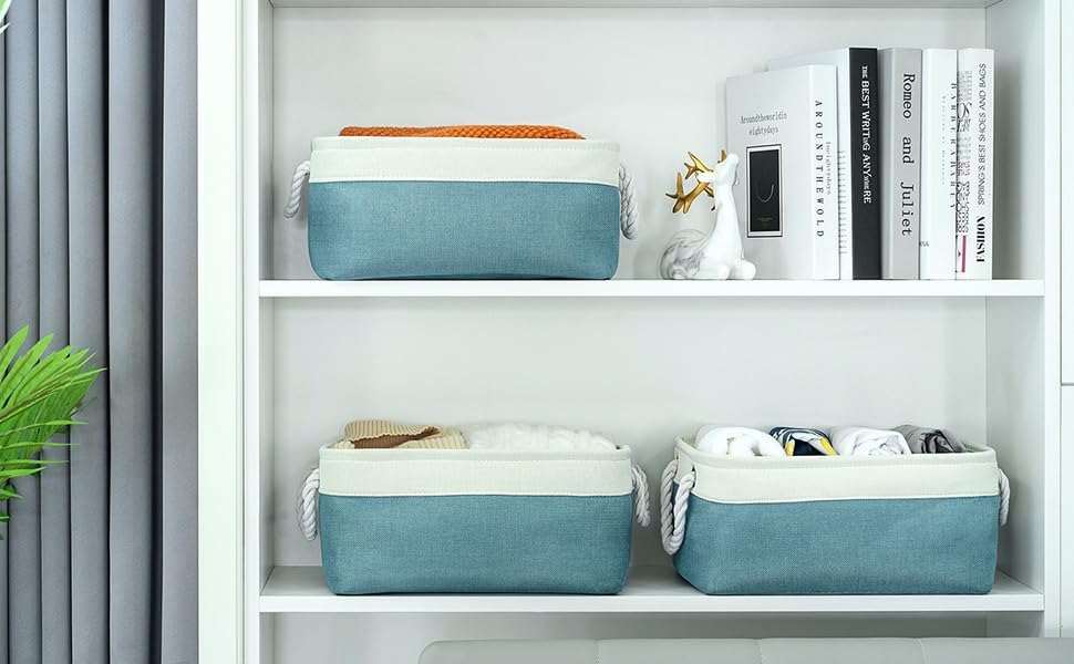 TheWarmHome Fabric Storage Bins Baskets for Organizing,Sturdy Storage Basket W/Handles, Decorative Foldable Storage Baskets for Shelves Closet Nursery Toy (White&Teal, Medium - 3 Pack)