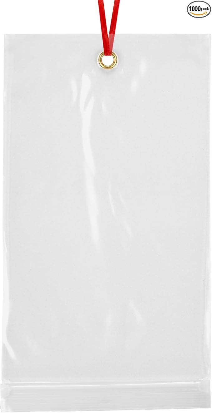 GPI - 5.5" x 9" Reclosable Zip Bags with Bottom Hang-hole & Pre-inserted 12" Twist-tie. 4 Mil Heavy-duty Resealable Zipper Baggy with Grommet/Metal Eyelet for Hanging (Insert Size 5x7.5) 1000 Pack