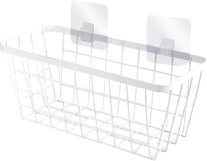 LeleCAT White Hanging Kitchen Baskets For Storage Adhesive Sturdy Small Wire Storage Baskets No Drilling Wall Mounted Kitchen Food Pantry Bathroom Shelf Storage, 4 PACK,White