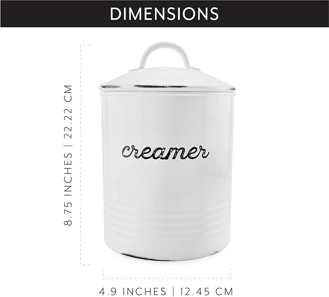 AuldHome Design Enamelware White Creamer Canister; Rustic Distressed Style Coffee Accessory Storage for Kitchen