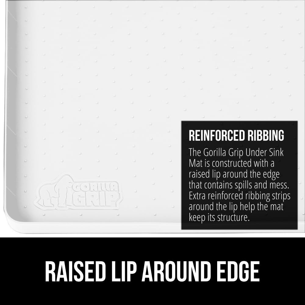 GORILLA GRIP Waterproof Silicone Under Sink Mat with Raised Lip for Kitchen and Bathroom, 46 x 22 in, Cabinet Shelf Liner Stay in Place Mats Dishwasher Safe Drawer Liner, Organizer Tray, White