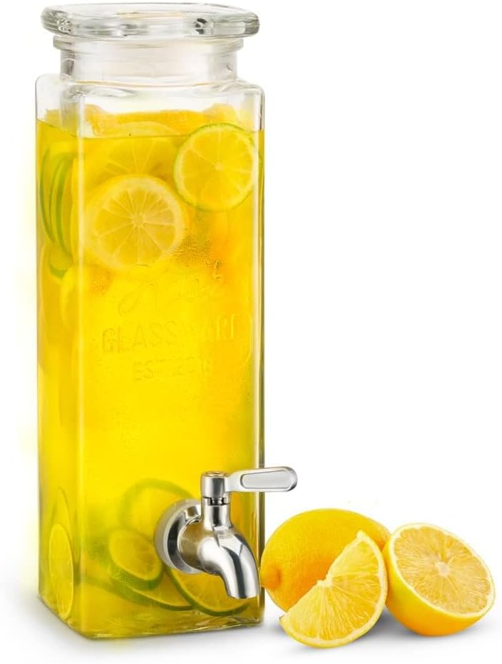Kook Drink Dispenser, 80 oz, Water Dispenser Countertop, Glass Drink Dispenser, Beverage dispenser, with Leak-Proof Spigot, Clear Rectangular Jar, Storage for Party, Fridge, for Water, Iced Tea