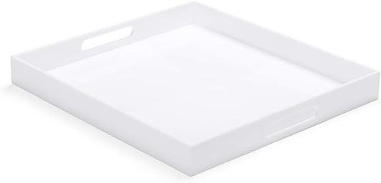 White Acrylic Ottoman Tray with Cutout Handles 24x24 Inch Over-Sized Serving Tray Rubber Boot Organizer Decorative Tray for Living Room, Bedroom,Bathroom Entryway and Kitchen Tabletop