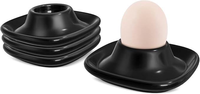 Flexzion Soft Boiled Egg Holder Set - 4-Piece Black Ceramic Egg Cup, Stackable Egg Coddler Cups with Base for Serving, Breakfast, Brunch - Kitchen Table Decor, Black