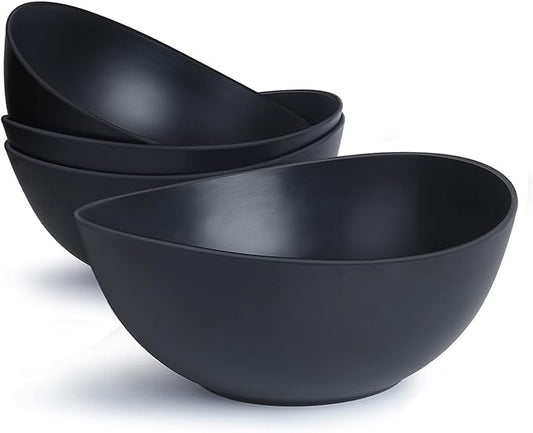 9.6'' Serving Bowls, 84oz Bamboo Fiber Salad Set of 4, Large for Kitchen, Deep Oval for Salad, Vegetable, Fruit, Pasta, Ramen, Lightweight & Easy to Clean (Matte Black)