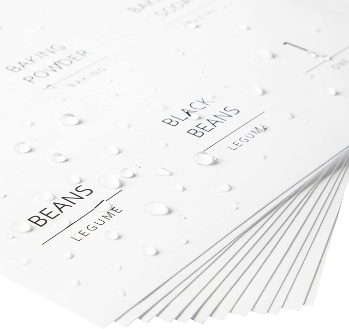 Talented Kitchen 144 Pantry Labels for Containers, Food Storage - Preprinted Black All-Caps on Matte White Vinyl Stickers for Minimalist Style Kitchen (Water Resistant)