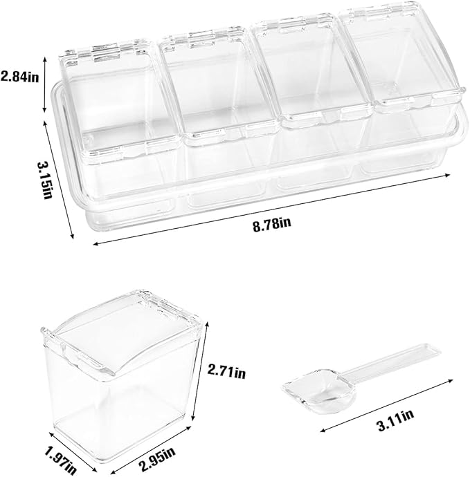 XIUDI Clear Seasoning Rack Spice Pots-4 Pieces Clear Seasoning Storage Container for Spice Salt Sugar Cruet.Acrylic Seasoning Box, Cruet with Cover and Spoon