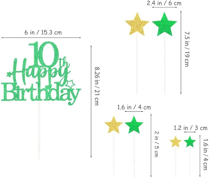 Glittery 10th Happy Birthday Cake Topper with Star,Personalised 10 Birthday Cake Toppers Party Decorations Party Supplies for Boys Girls Green Gold