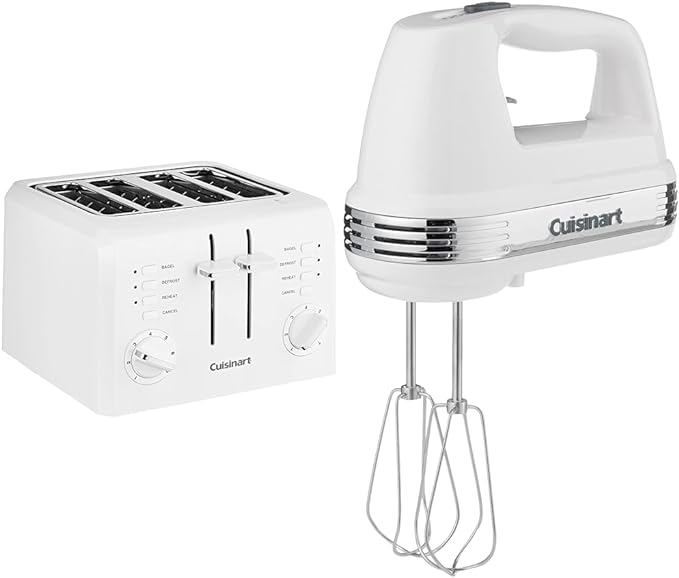 Cuisinart CPT-142P1 4-Slice Compact Plastic Toaster, White & HM-50 Power Advantage 5-Speed Hand Mixer, White