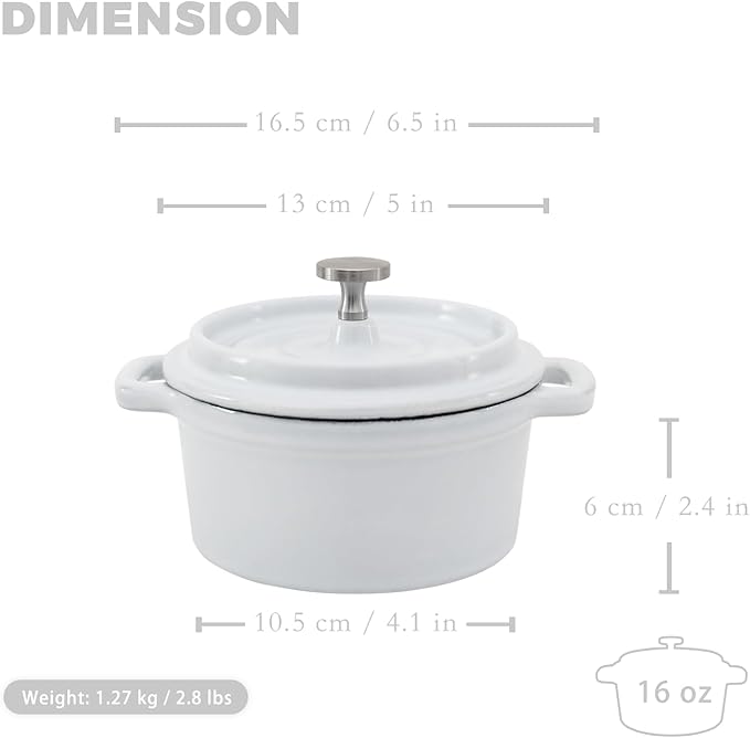 Mini Cocotte 16 oz Mini Dutch Oven 0.5 qt. Cast Iron Garlic Roaster for Oven Garlic Confit Pot Ramekins with Lids Oven Safe Set of 2, White