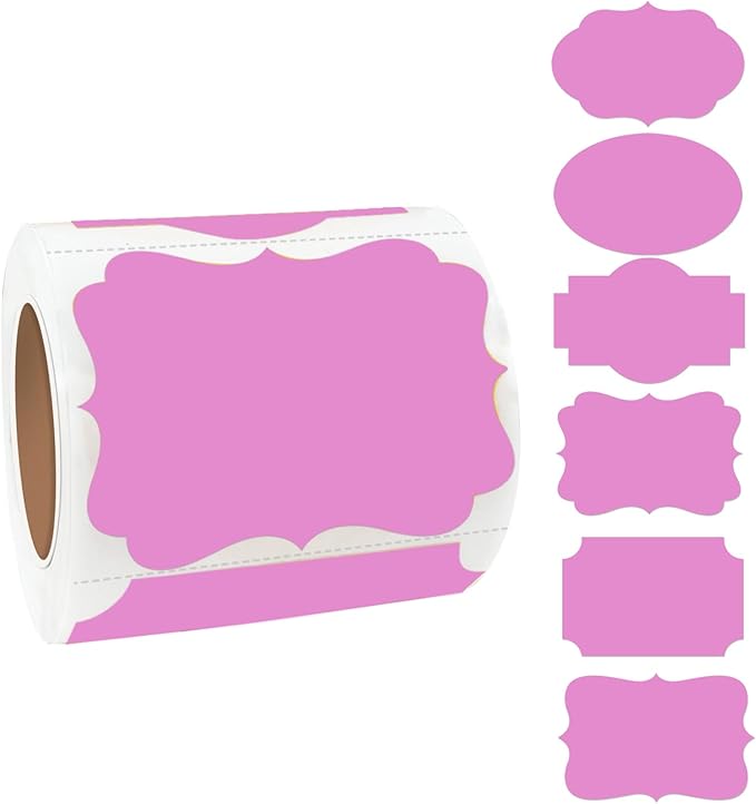 Pink Labels, 250 PCS 3" x 2" Fancy Shape Stickers for Storage Box, Food Jars, Holiday Presents Tags