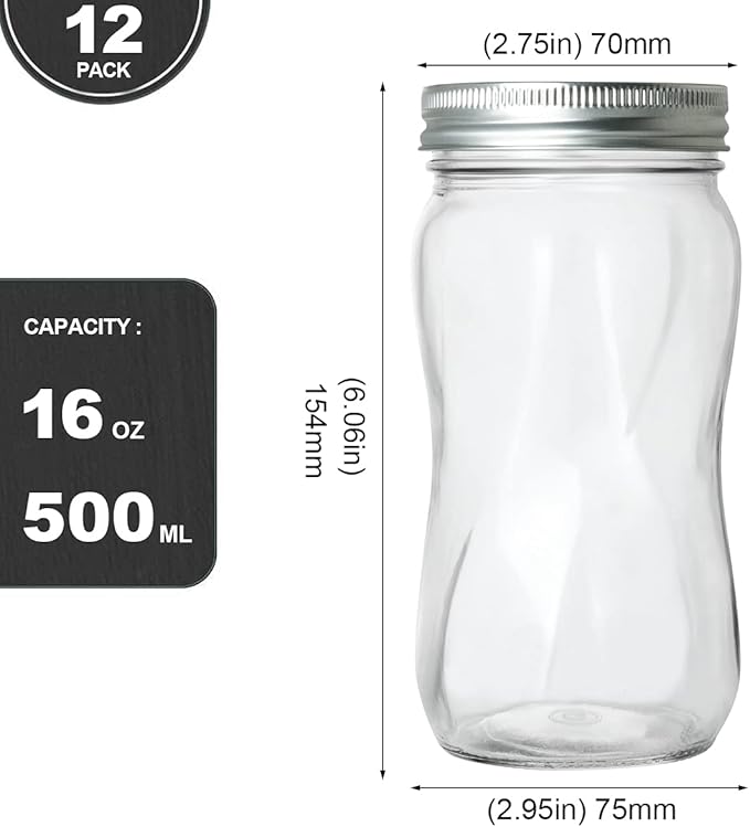 KAMOTA Mason Jars 16 OZ With Regular Lids and Bands, Ideal for Meal Prep, Jam, Honey, Wedding Favors, Shower Favors, DIY Spice Jars, 12 PACK, 20 Whiteboard Labels Included