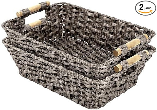 Baskets-Wicker Storage Baskets-Waterproof Wicker with Handles Hand-Woven Blue Handle Food Storage Pantry Woven Storage Boxes, 2 Pack, Home Storage Boxes