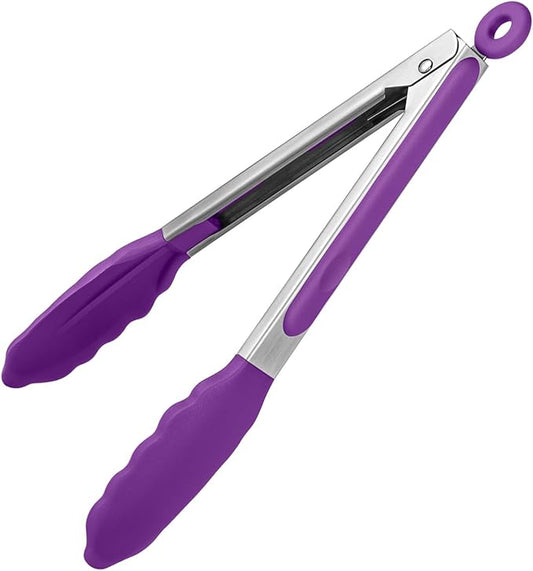 Heat Resistant Silicone Kitchen Tong: U-Taste 9 inch 480ºF Hot Proof Cooking Tong with Firm Sealed Non Stick Rubber Tips & Silicon Coated Steel Handle & Smooth Locking for Serving Grill Salad (Purple)