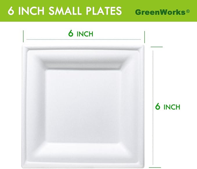 GreenWorks 100 Count 6 Inch Small Square Compostable plates, Heavy Duty Bagasse and Bamboo Fiber Plates