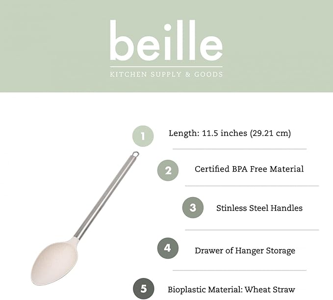 Beille Cream Wheat Straw Spoon with Stainless Steel Handle Kitchen Utensils, 13 Inch