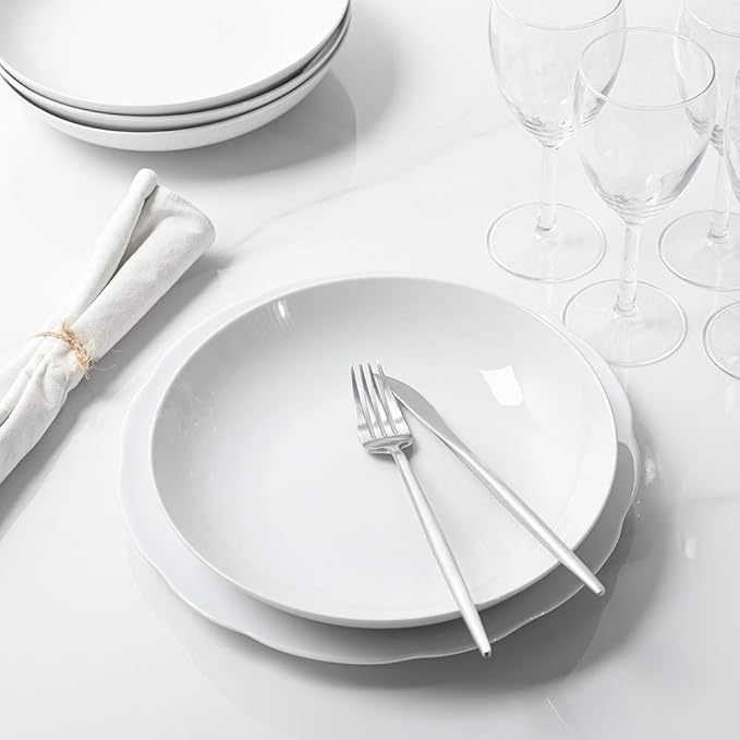 Y YHY 9" Pasta Bowls, 40oz Large Salad Bowls Set of 6, Wide Shallow Ceramic Bowls for Serving Soup, White Dinner Plates Set for Kitchen, Microwave Dishwasher Safe