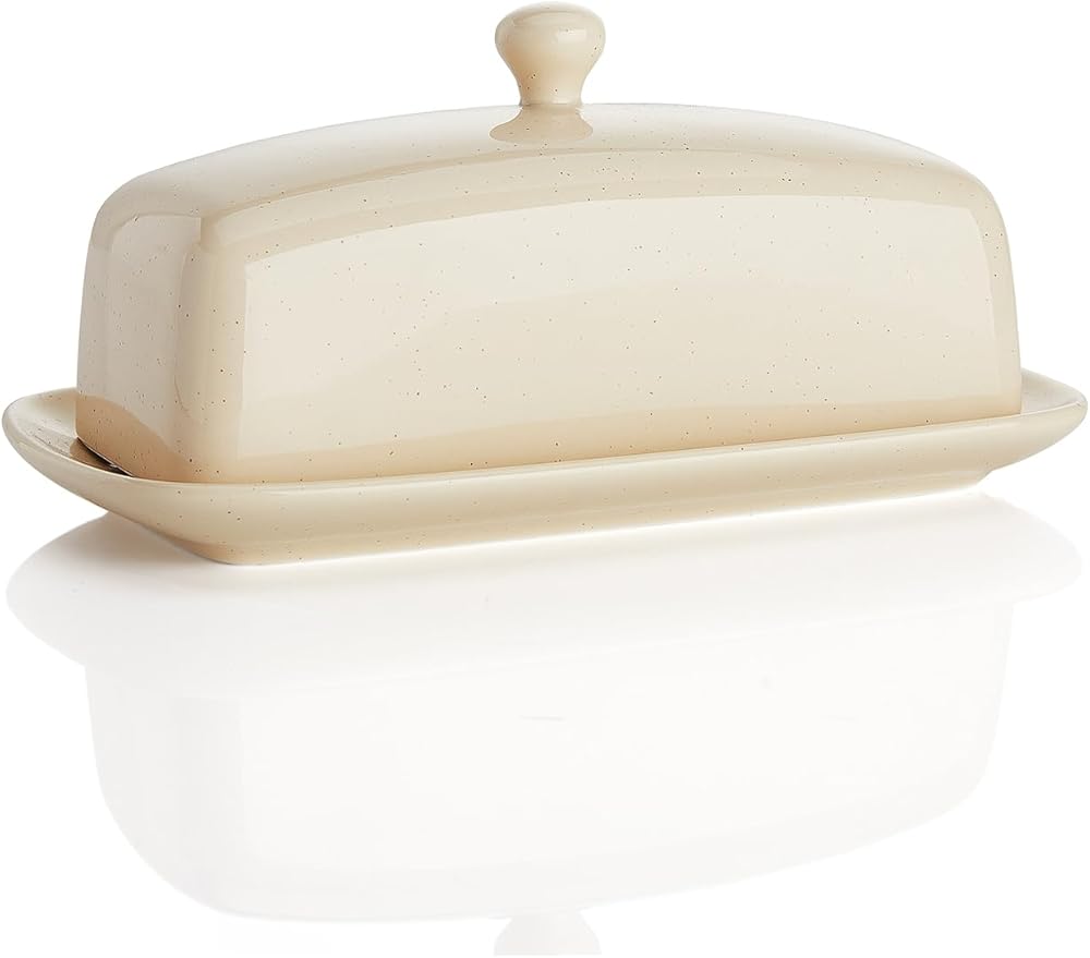 Sweese Butter Dish with Lid, Porcelain Butter Keeper, 7.8 Inch Butter Holder with Handle Cover, Butter Container Perfect for East West Coast Butter, Beige