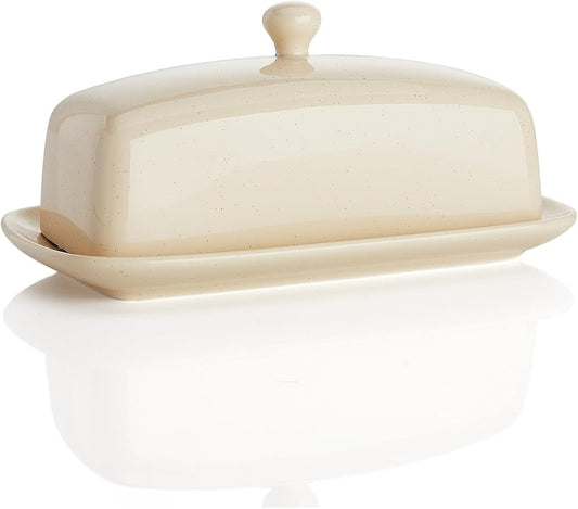 Sweese Butter Dish with Lid, Porcelain Butter Keeper, 7.8 Inch Butter Holder with Handle Cover, Butter Container Perfect for East West Coast Butter, Beige