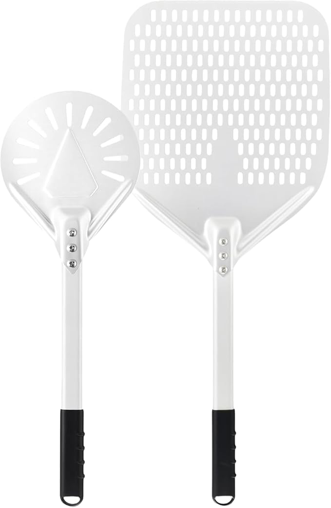 12 Inch + 7 Inch Perforated Pizza Peel Set, Pizza Turning Peel with Metal Handle, Pizza Spatula Paddle for Homemade Pizza Oven Accessories