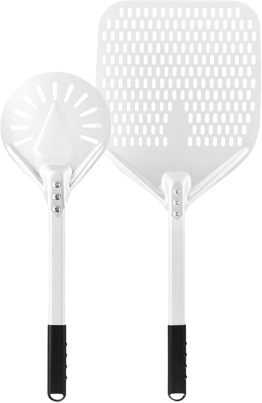 14 Inch + 7 Inch Perforated Pizza Peel Set, Pizza Turning Peel with Metal Handle, Pizza Spatula Paddle for Homemade Pizza Oven Accessories