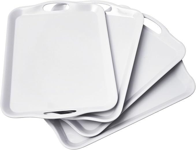 Blue Boat 14" x 10" Serving Trays Set of 4 White, Dinner Tray, Light Weight Easy to Clean Sturdy Stackable Melamine Serving Tray with Handle, Fruit, Snacks, and Desserts Trays