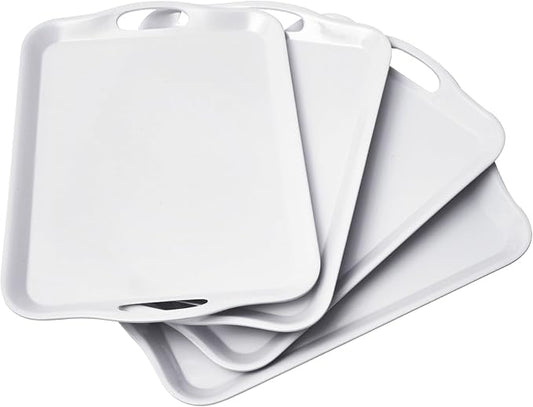 Blue Boat 14" x 10" Serving Trays Set of 4 White, Dinner Tray, Light Weight Easy to Clean Sturdy Stackable Melamine Serving Tray with Handle, Fruit, Snacks, and Desserts Trays