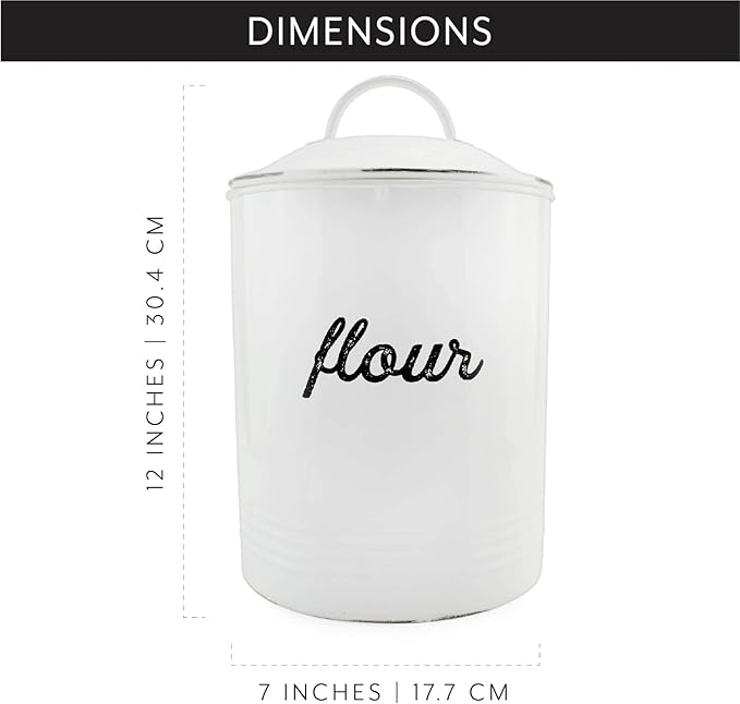 AuldHome Design Enamelware White Flour Canister; Rustic Distressed Style Staples Storage for Kitchen