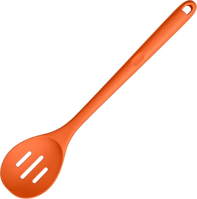 600ºF Heat Resistant Slotted Spoon: U-Taste 13.3in Solid Kitchen Cooking Spoon, Nonstick Food Grade Large & Long Rubber Utensil for Mixing, Serving, Stirring, Basting, Frying, Draining (Orange)