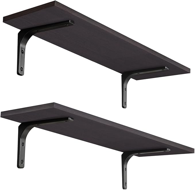 DINZI LVJ Long Wall Shelves, 23.6 Inch Wall Mounted Shelves Set of 2, Easy-to-Install, Wall Storage Ledges with Sturdy Metal Brackets for Living Room, Bathroom, Bedroom, Kitchen, Espresso