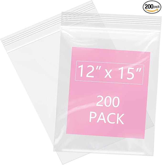 iMailer - 200 Pcs- 12" x 15" Large Plastic Zip Poly Bags- Clear Zip Storage Bag for Clothing, T-Shirts, Pants