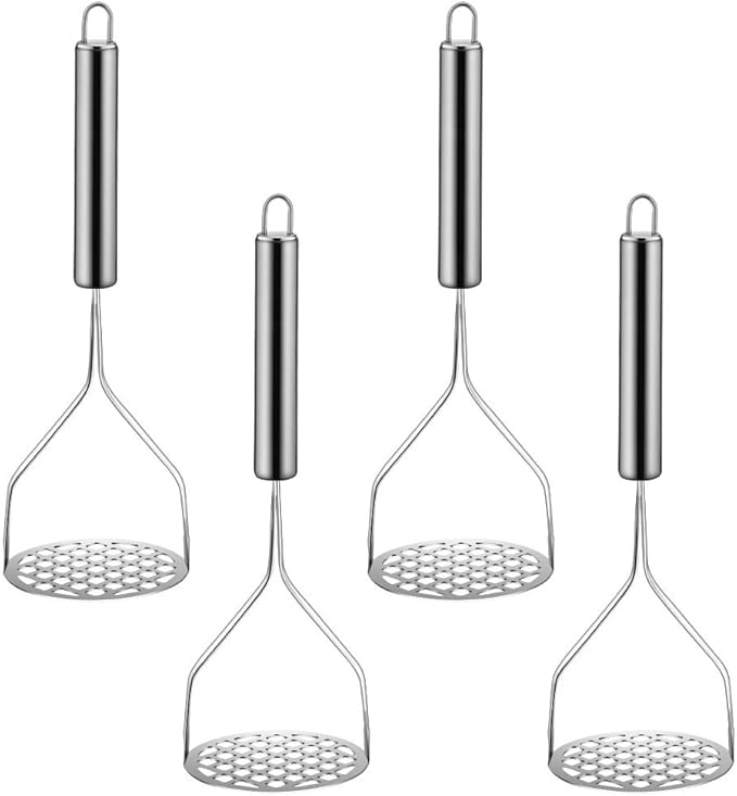 Potato Masher (4-Pack), 10-Inch Sturdy Gourmet Stainless Steel Wire Masher, Heavy Duty Metal Potato Ricer, Vegetables Fruits Hand Mashers, Dishwasher Safe