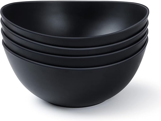9.6'' Serving Bowls, 84oz Bamboo Fiber Salad Set of 4, Large for Kitchen, Deep Oval for Salad, Vegetable, Fruit, Pasta, Ramen, Lightweight & Easy to Clean (Matte Black)