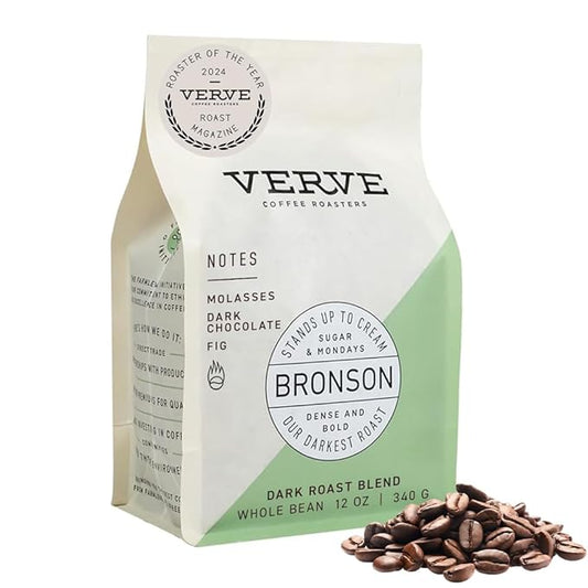 Verve Coffee Roasters Whole Bean Coffee Bronson Blend | French Dark Roast, Direct Trade, Resealable Pouch | Enjoy Hot or Cold Brew | Ideal for French Press | 12oz Bag