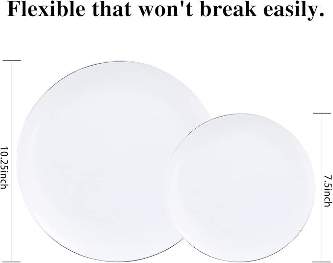 KIRE 100PCS Silver Plastic Plates - Heavy Duty White Disposable Plates with Silver Rim for Party/Wedding - Include 50Pcs 10.25inch Dinner Plates and 50Pcs 7.5inch Dessert Plates