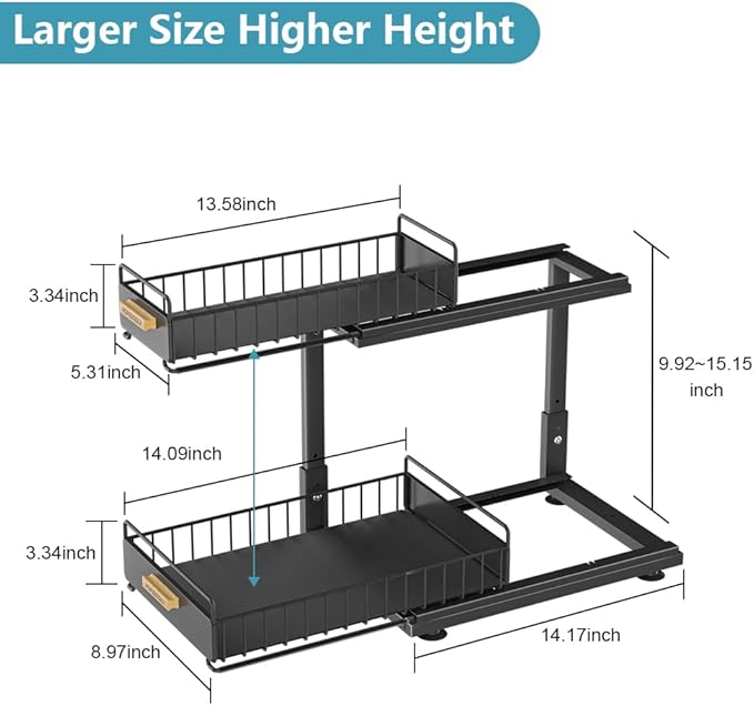 Under Sink Organizer, Pull Out Kitchen Cabinet Organizer, 2-Tier Metal Under Sink Organizers and Storage Height-Adjustable, Kitchen Bathroom Organizers and Storage Shelves, Black