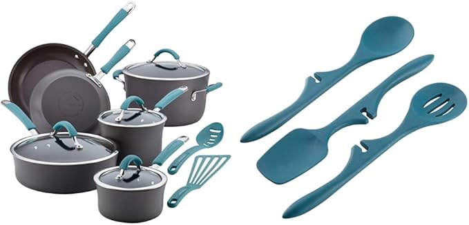 Rachael Ray Cucina Hard Anodized Nonstick Cookware Pots and Pans Set, 12 Piece, Gray & Kitchen Tools and Gadgets Nonstick Utensils/Lazy Spoonula, Solid and Slotted Spoon, 3 Piece, Marine Blue