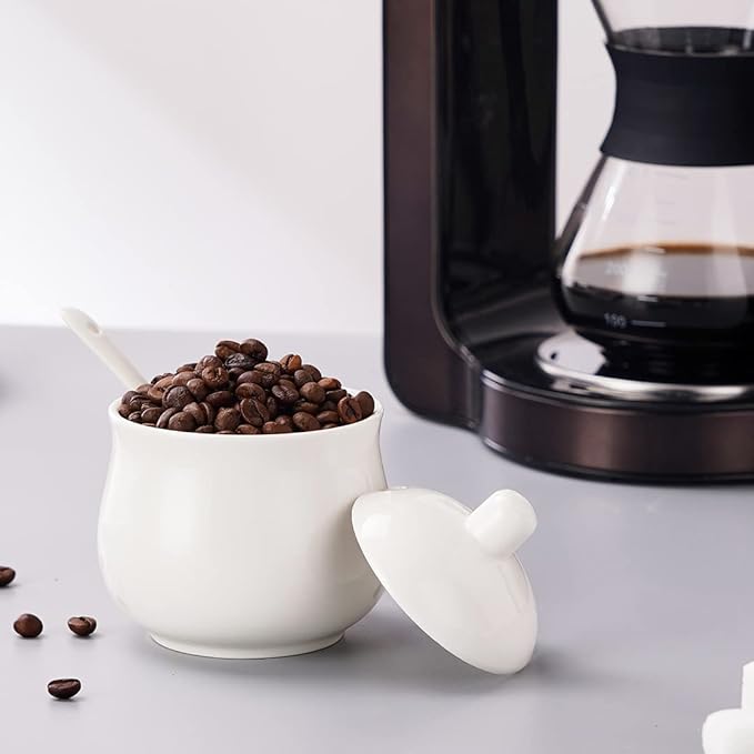 Ceramic Sugar Bowl with Lid and Spoon, White Porcelain Sugar Salt Pepper Storage Jar, 8 Ounces