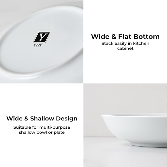 Y YHY 9" Pasta Bowls, 40oz Large Salad Bowls Set of 6, Wide Shallow Ceramic Bowls for Serving Soup, White Dinner Plates Set for Kitchen, Microwave Dishwasher Safe