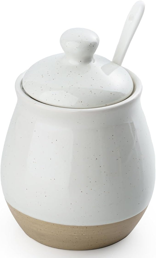 famiware Milkyway Sugar Bowl with Lid and Spoon, 10oz Ceramic Sugar Jar/Pot/Dispenser for Salt, Condiments, Spice, Seasonings, Sugar Container for Coffee Bar, Home, Kitchen, and Countertop, White