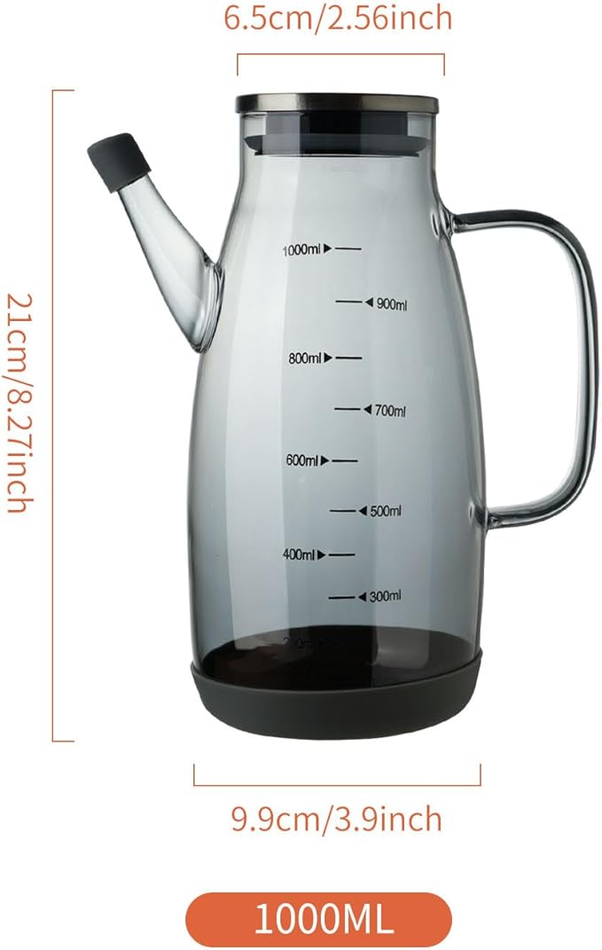 Large Glass Oil Dispenser Bottle for Kitchen Cooking Recipiente Para Aceite De Cocina Olive Oil Vinegar Dispenser Cruet Stainless Steel Lid No Drip Liquid Container (Grey, 34oz /1000ml)