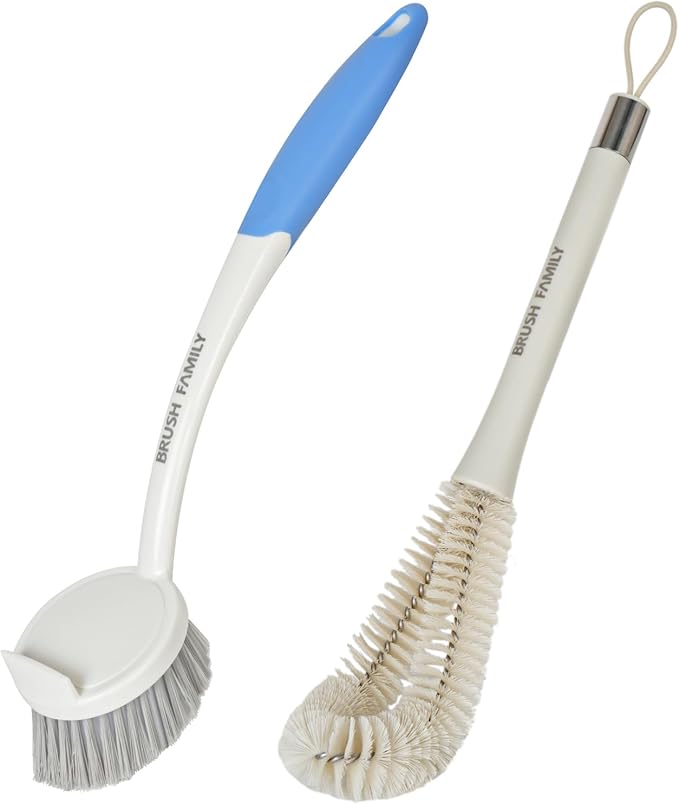 2 Pack Dish Brush Set with Dish Brush with Handle and 2-in-1 Water Bottle Brush with Removable Straw Brush for Bottles Cups, Dish Scrub Brush with Scraper Tip for Dishwashing Pans Pot Sink
