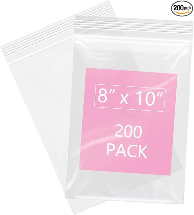 iMailer - 200 Pcs- 8" x 10" Plastic Zip Poly Bags- Clear Resealable Zip Bag for Art Prints, Brochure, Photoes, Handicraft Gift