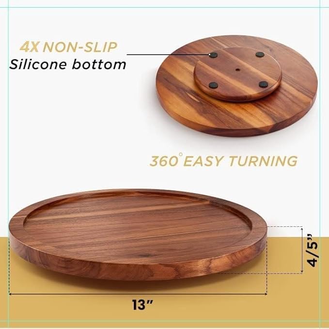 13" Acacia Wood Lazy Susan Organizer for Cabinet - Round Lazy Susans Turntable for Countertop - Wooden Kitchen Rotating Storage Food Bin Container for Centerpiece Table, Spices, Pantry