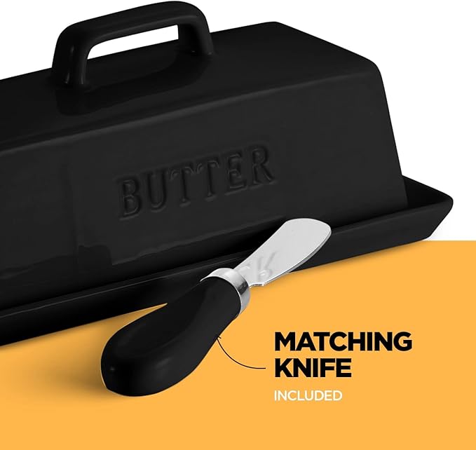 Ceramic Butter Dish Set with Lid and Knife - [Black]- Decorative Butter Stick Holder with Handle for 1 Stick of Butter - Microwave Safe, Dishwasher Safe - Anti-Scratch Stickers Included.