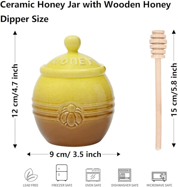12oz Ceramic Honey Jar with Wooden Dipper Stick-Honey Pot with Dipper, Yellow Honey Dispenser, Farmhouse Kitchen Great Bee Decor, Porcelain Honey Jar Easy to Clean for Mother's Day Wife Gift