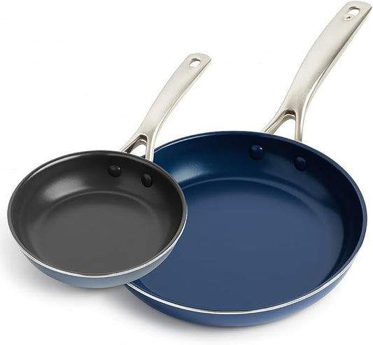 Blue Diamond 8” & 10" Nonstick Frying Pan Skillet Set, Diamond Infused PFAS & PTFE-Free Ceramic Pots & Pans, Dishwasher & Oven Safe, Stay Cool Handles, Non Toxic Metal Utensil Safe, Blue & Grey