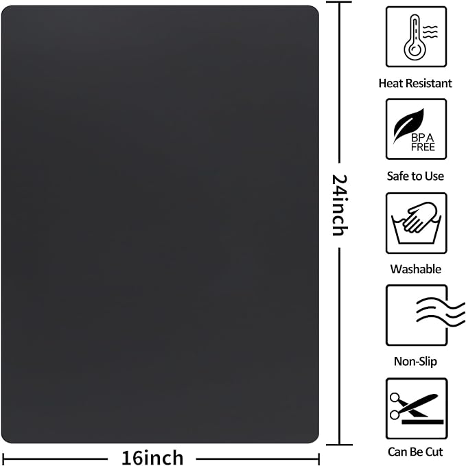 Silicone Mats for Kitchen Counter Thicker Extra Large Heat Resistant Mats Countertop Protector Liners for Bottom of Oven Air Fryer Coffee Maker, 24" x 16" x 2 mm, Black