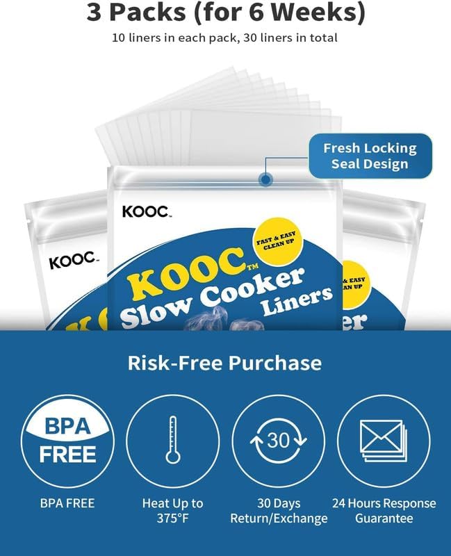 KOOC Slow Cooker Liners 14"x22" 30 Count Extra Large Size Disposable Pot Liners Cooking Bags Fit 6 qt to 10 qt Pot BPA Free Fresh Locking Seal Design